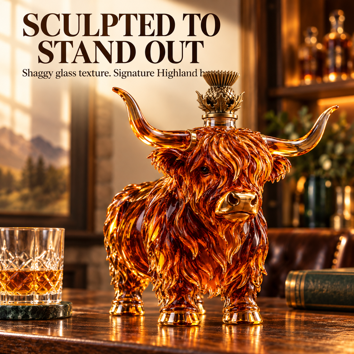 🐂🥃 Highland Spirit™ – Sculptural Highland Cow Whiskey Decanter & Bar Centerpiece