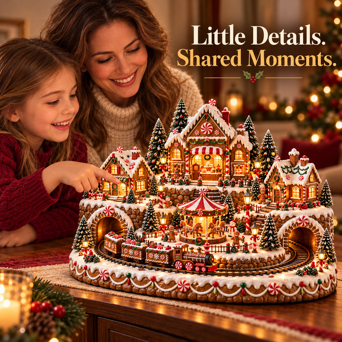 🍪🚂 Gingerbread Christmas World™ | Animated Lighted Village with Moving Train & Carousel
