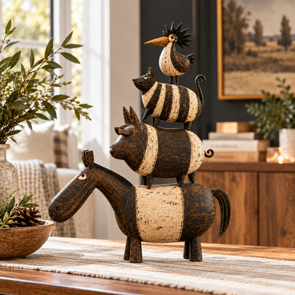 🐴🐷🐱🐓 Four Friends Rustic Farmhouse Animal Stack Statue