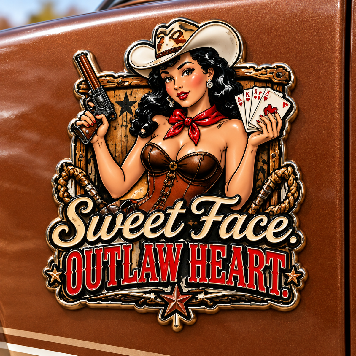 🤠🐎 “Good Whiskey and Bad Cowgirls” Vintage Western Cowgirl Metal Car Emblem