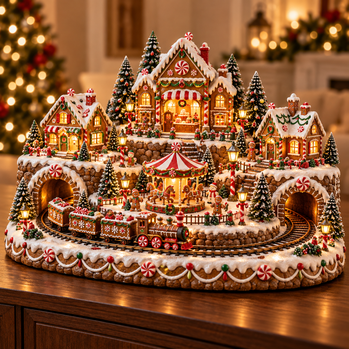 🍪🚂 Gingerbread Christmas World™ | Animated Lighted Village with Moving Train & Carousel