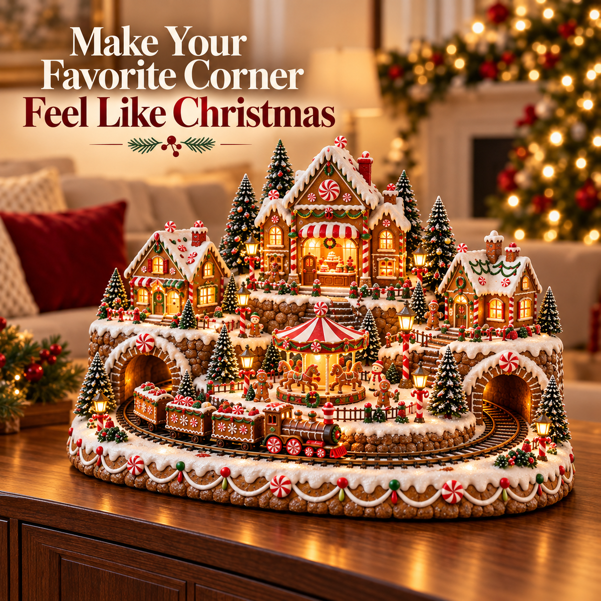 🍪🚂 Gingerbread Christmas World™ | Animated Lighted Village with Moving Train & Carousel