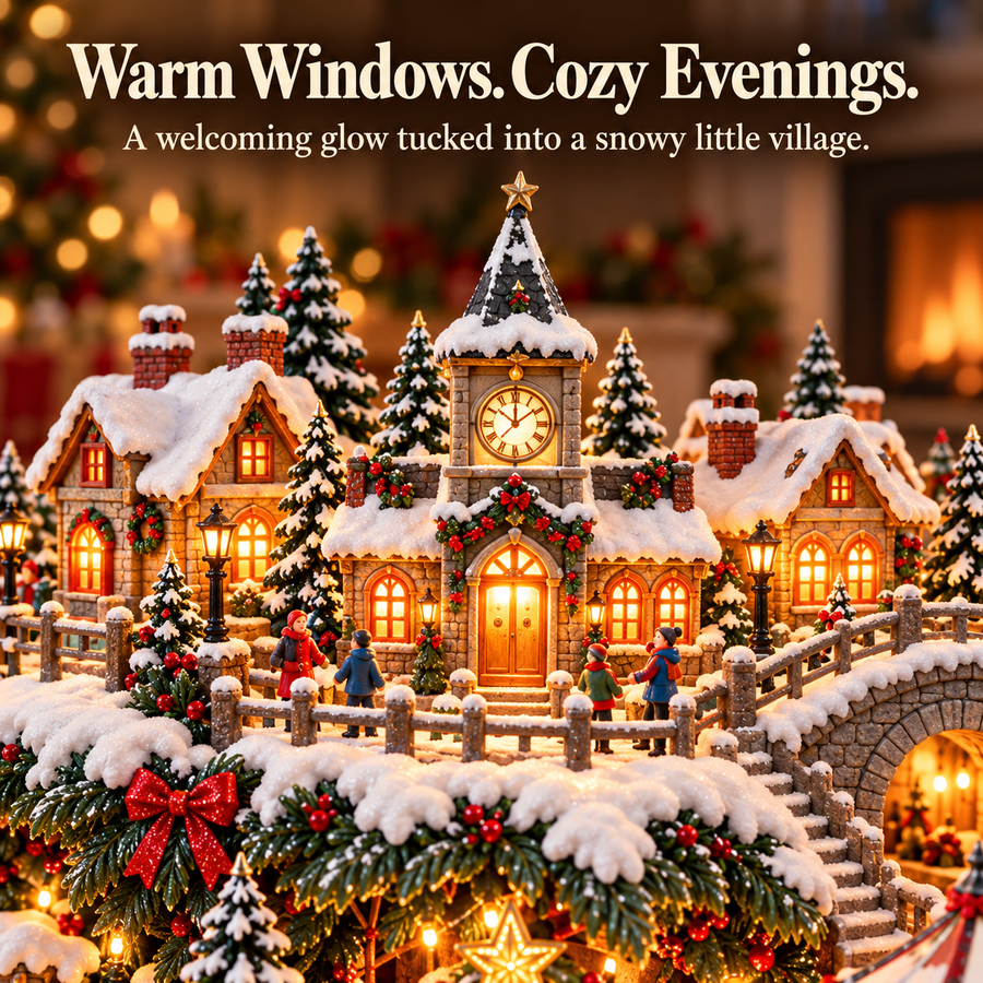 Warm illuminated Christmas village windows