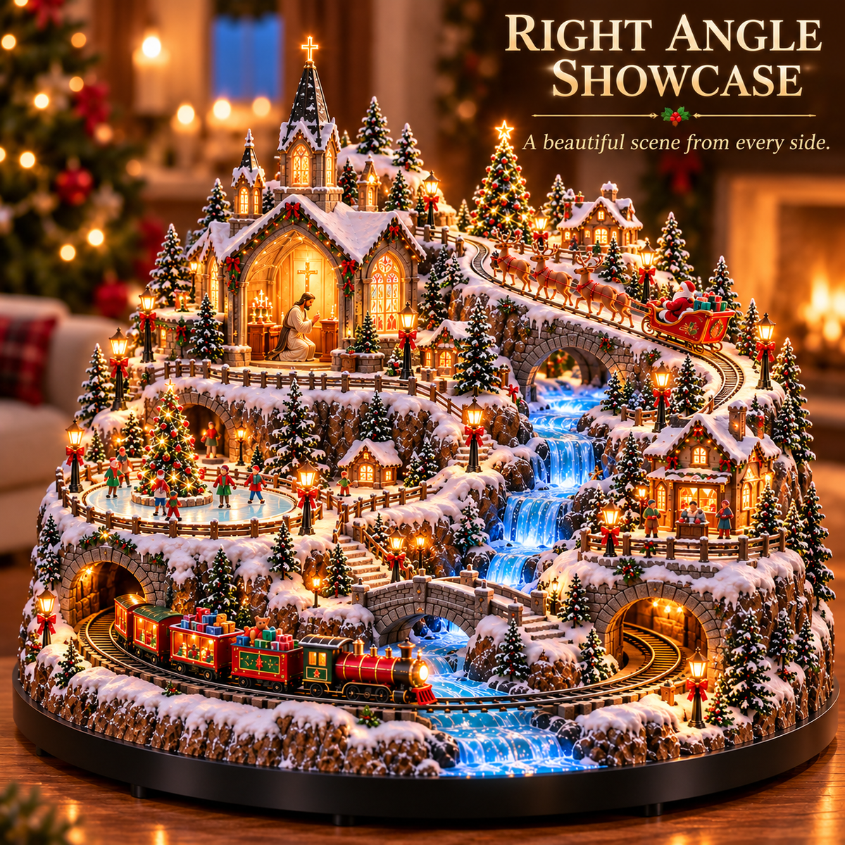 🦌🚂 Christmas in Motion | Lighted Village with Train, Sleigh & Waterfall
