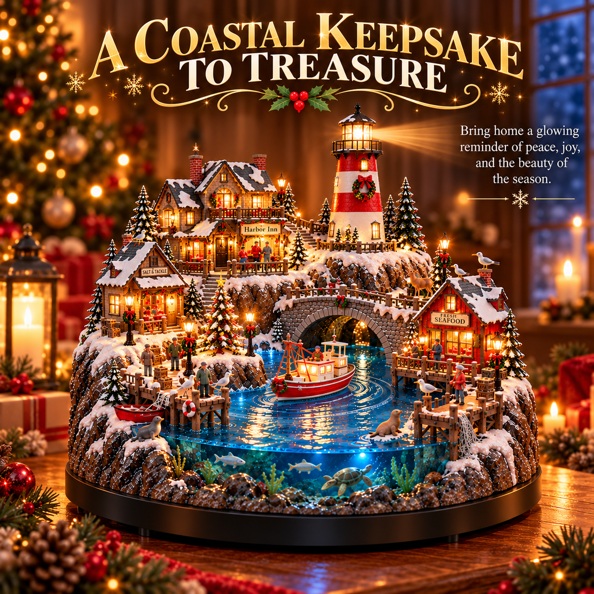🎄⚓ Harborlight Christmas™ – Magical Lighted Coastal Village with Lighthouse, Fishing Boat & Underwater Wonderland ✨🌊