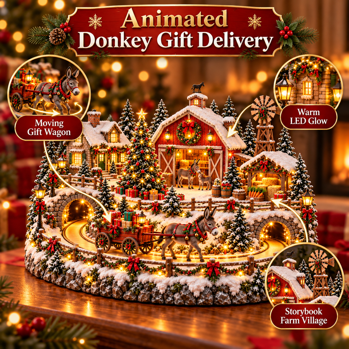 🫏🎄 Christmas Donkey Delivery Village™ – Lighted Holiday Farm Scene with Donkey & Christmas Gift Wagon
