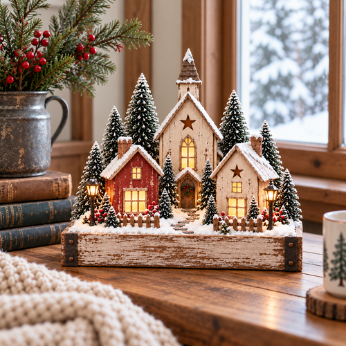 🎄✨ Lighted Farmhouse Christmas Village – Cozy LED Holiday Tabletop Decor