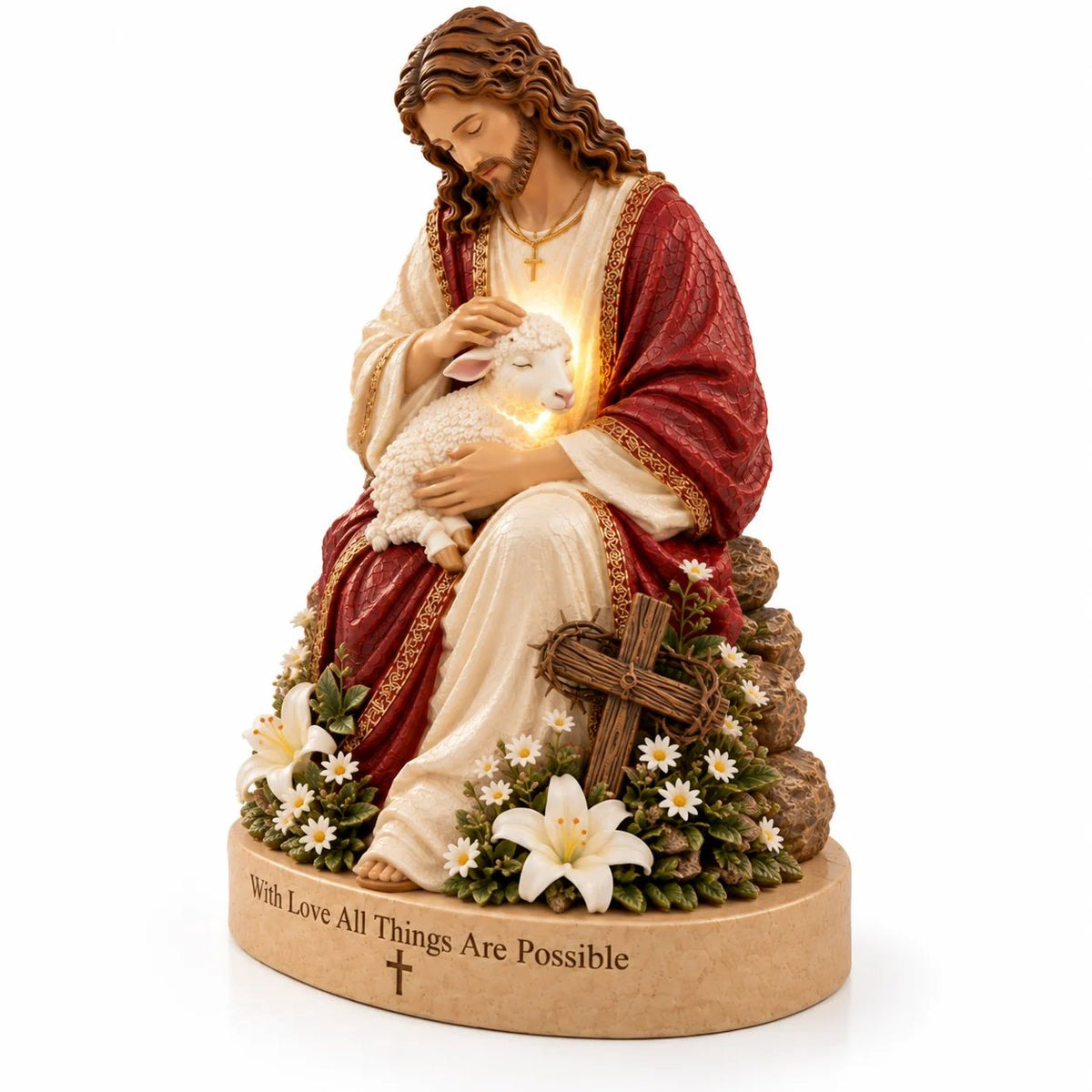 ✝️🔥 50K+ Sold! 👼 Jesus & Lamb Lighted Sea Glass Statue — A Beautiful Symbol of Faith