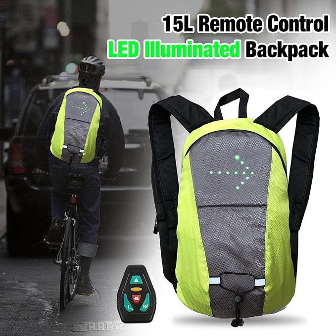 🚴 15L LED Warning Light Backpack – Wireless Handlebar Remote, 5 Signal Modes & Reflective Strips