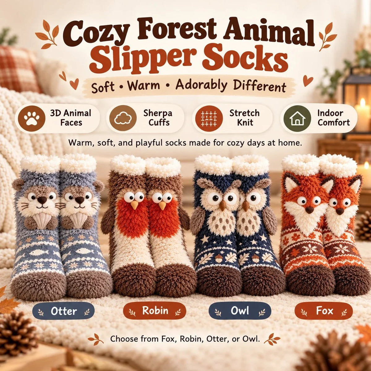 🦊🐦 Cozy 3D Animal Fuzzy Slipper Socks – Cute & Warm House Socks 🦦🦉