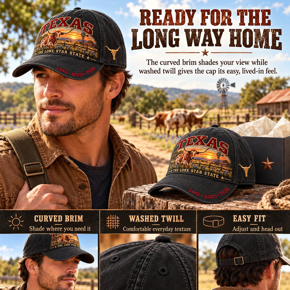 🐂 Lone Star Longhorn Pride | Embroidered Texas Cap