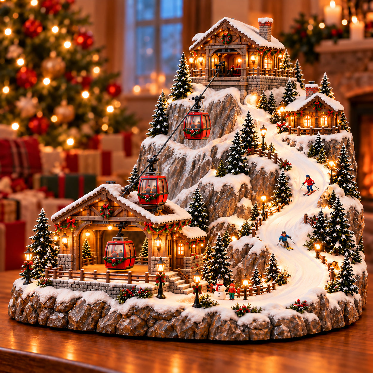 Christmas mountain village with red cable cars