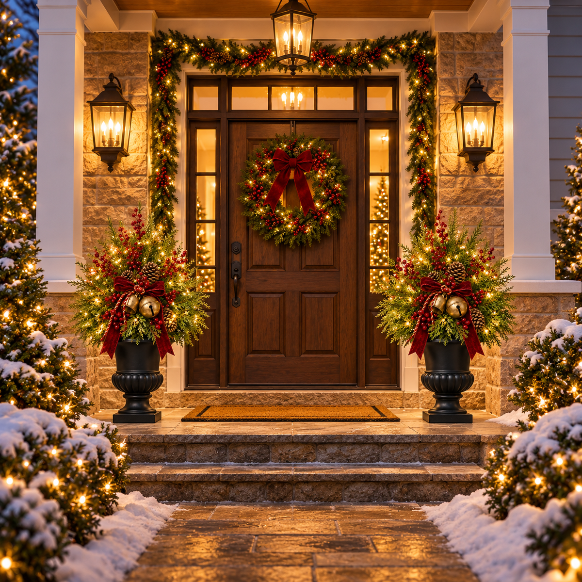 🎄🔔 Evergreen Bell Glow™ | 24" Pre-Lit Christmas Urn Filler with Berries & Pinecones