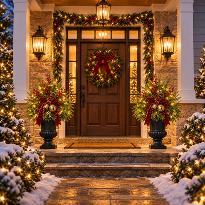 🎄🔔 Evergreen Bell Glow™ | 24" Pre-Lit Christmas Urn Filler with Berries & Pinecones