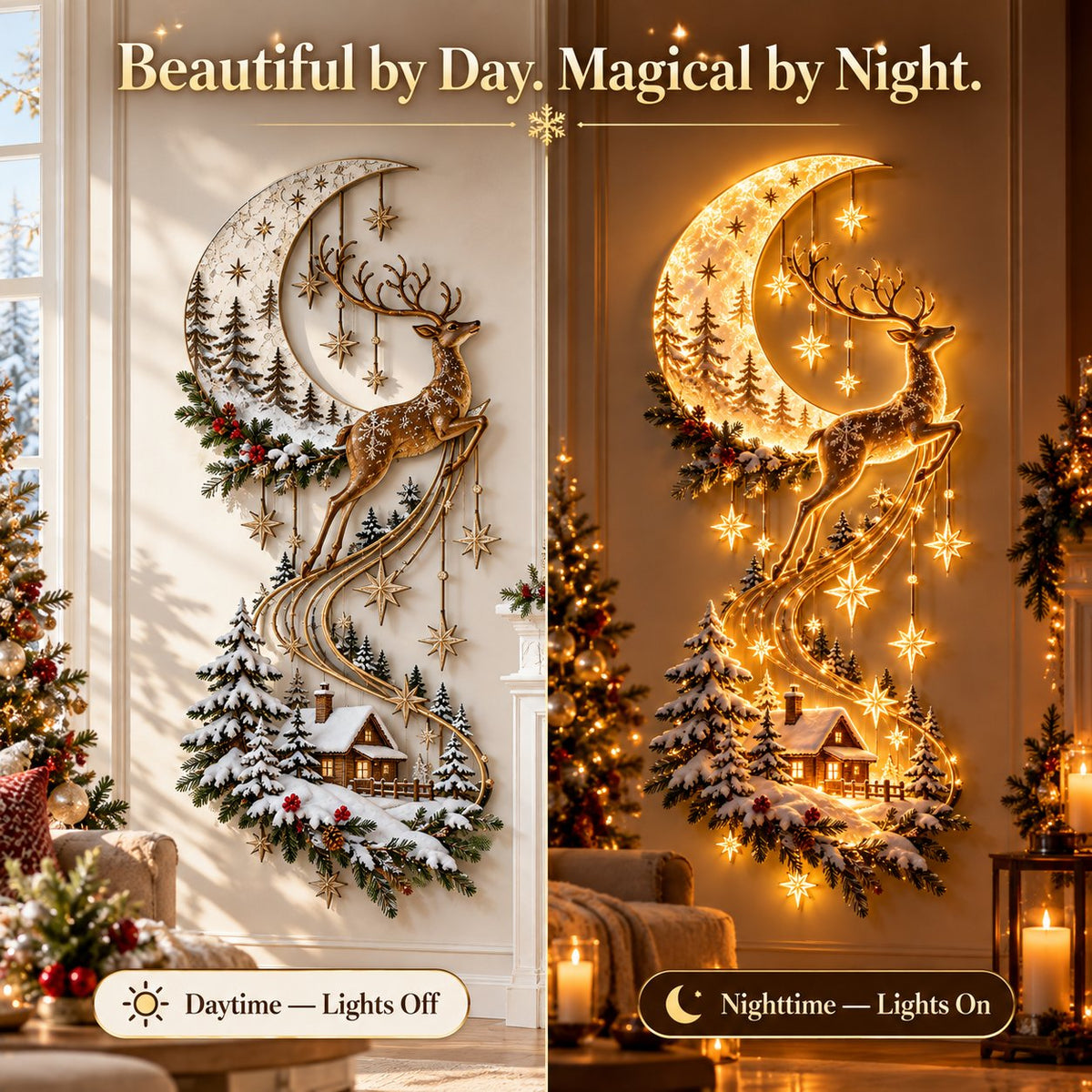 Moonlit Reindeer wall decoration daytime and nighttime comparison