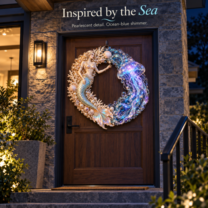 🌊🧜‍♀️ Mermaid & Jellyfish Glow Wreath – Lighted Coastal Decor