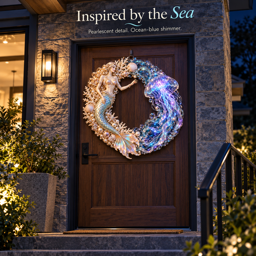 🌊🧜‍♀️ Mermaid & Jellyfish Glow Wreath – Lighted Coastal Decor