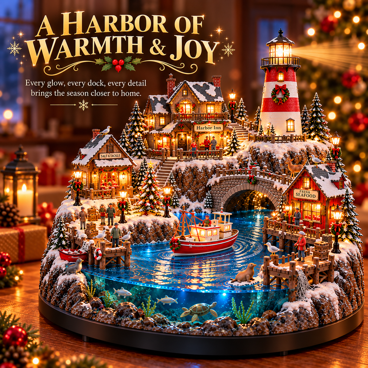 🎄⚓ Harborlight Christmas™ – Magical Lighted Coastal Village with Lighthouse, Fishing Boat & Underwater Wonderland ✨🌊