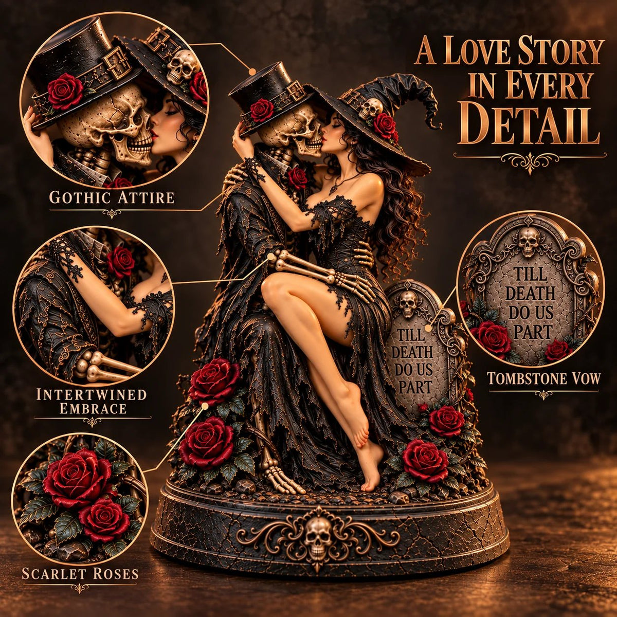 🖤💀 Hex & Hollow™ | Gothic Witch & Skeleton Lovers Statue