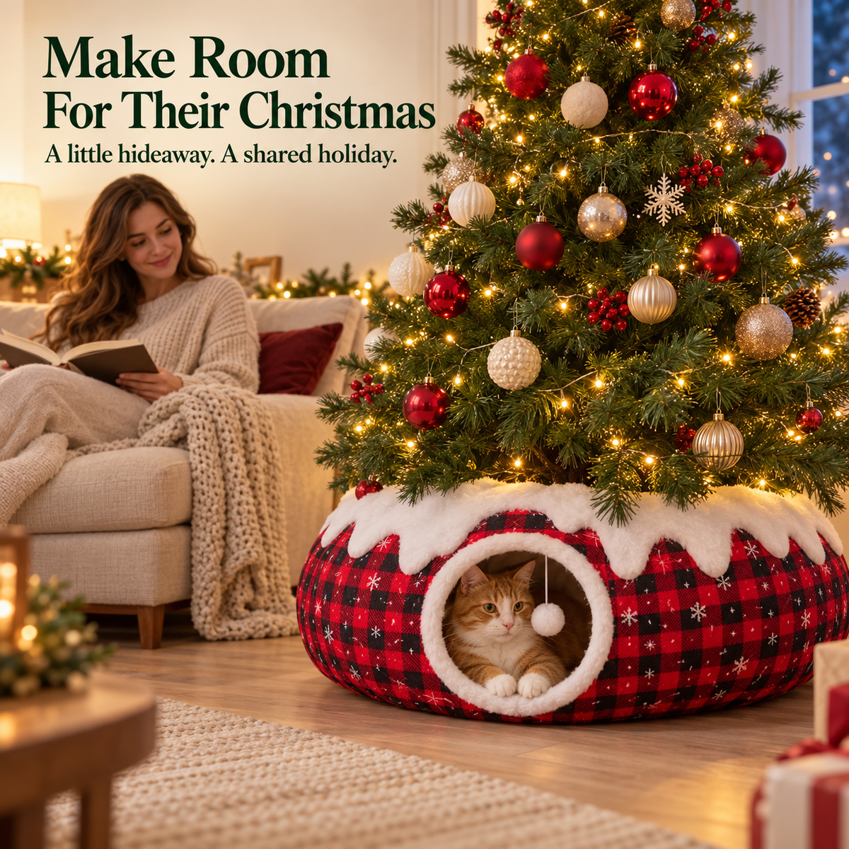 🎄🐱 Christmas Cat Hideaway™ | Plaid Tunnel & Tree Skirt