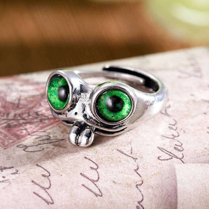 🐸 925 Sterling Silver Movable Tongue Frog Ring – Cute Adjustable Open Ring with Big Eyes