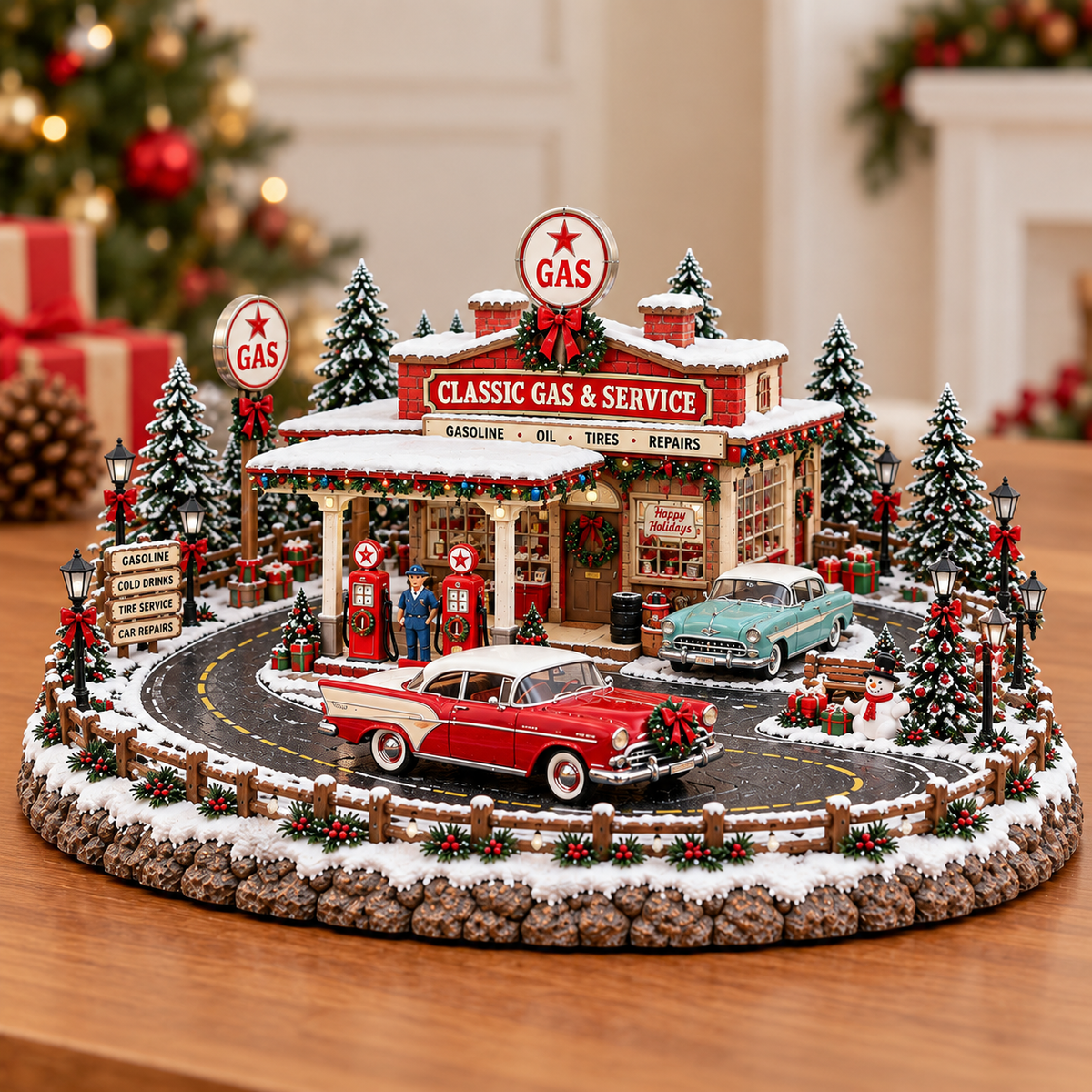 🚗🎄⛽ Christmas at the Gas Station– Lighted Vintage American Gas Station with Classic Cars