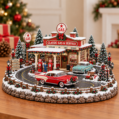🚗🎄⛽ Christmas at the Gas Station– Lighted Vintage American Gas Station with Classic Cars