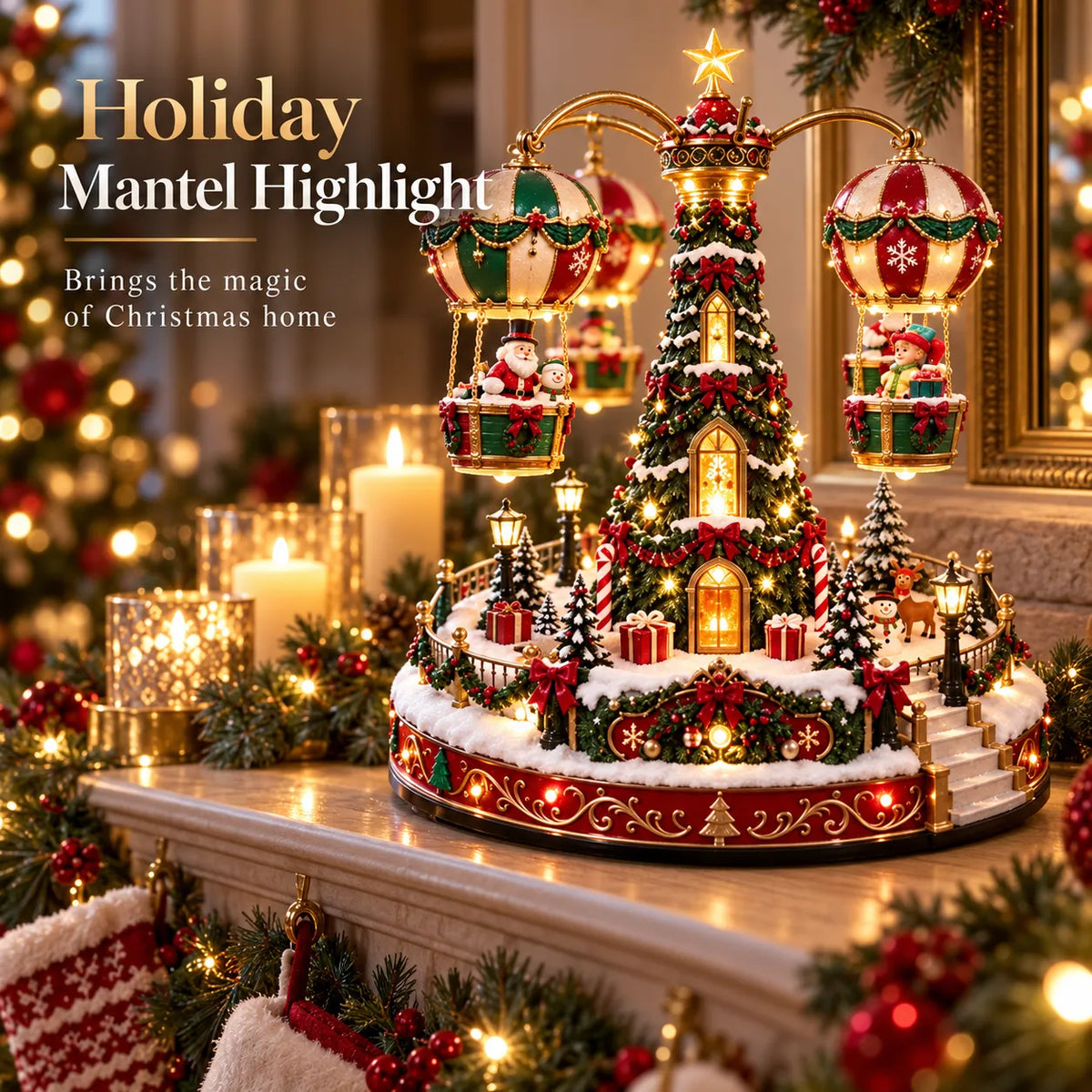 Magical Christmas Hot Air Balloon Musical Carousel™️ – Rotating Holiday Village Centerpiece with LED Lights & Flying Santa 🎄✨