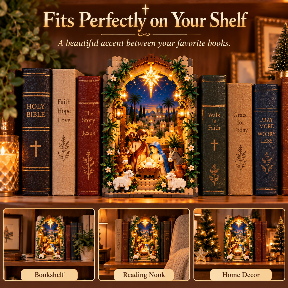 50% OFF | 📖✨ Lighted Bethlehem Nativity Book Nook – Christmas Building Block Display of Faith 🎄