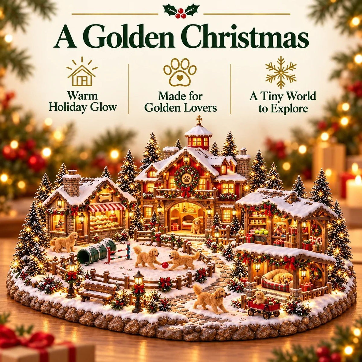 🐶🏠 Village de Noël des Golden Retrievers – Scène illuminée pour les amoureux des chiens