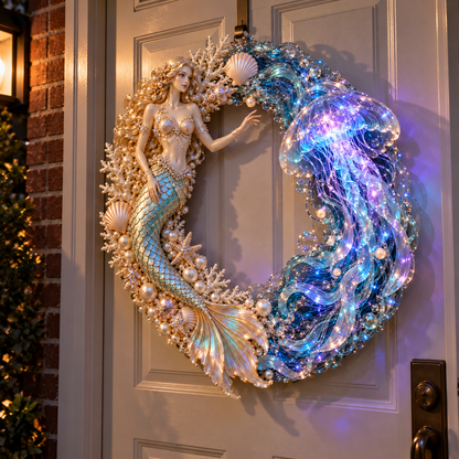 🌊🧜‍♀️ Mermaid & Jellyfish Glow Wreath – Lighted Coastal Decor
