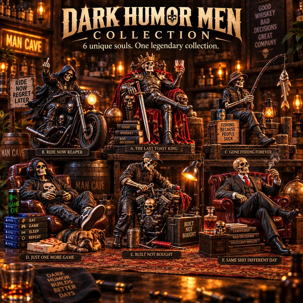 💀 No Manners. No Pulse. | 6 Skeleton Figures for the Man Cave