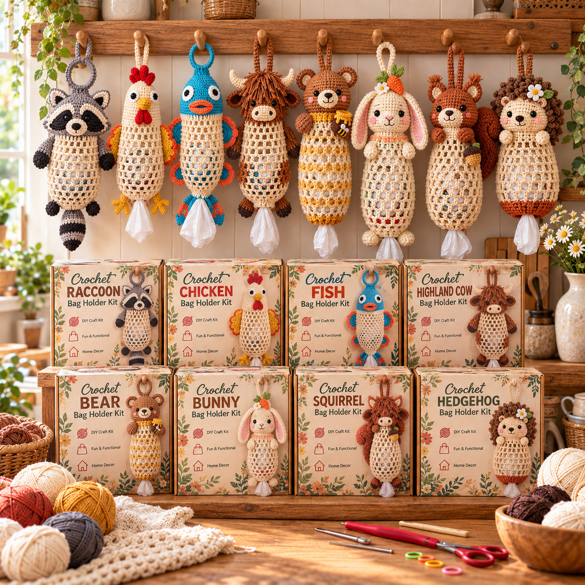 🔥 LAST DAY 49% OFF | 🧶🐾 Cottage Critter Keepers™ | Crochet Animal Bag Holder DIY Kit – 11 Designs