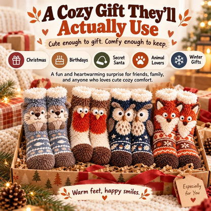 🦊🐦 Cozy 3D Animal Fuzzy Slipper Socks – Cute & Warm House Socks 🦦🦉