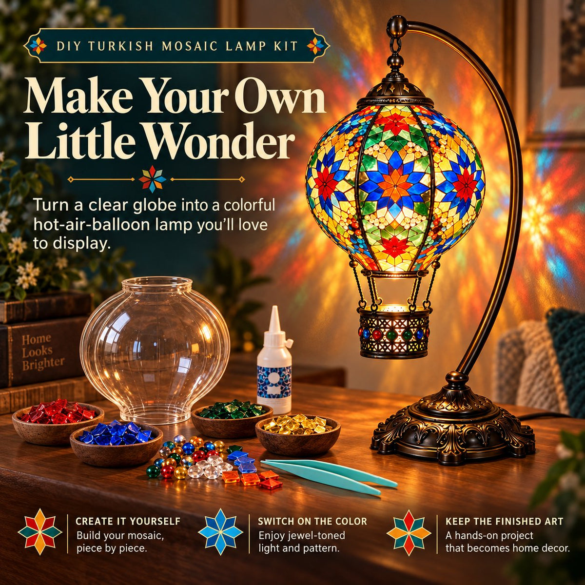 ⏳ LAST DAY 49% OFF | 🎈 Light Up Your Own Mosaic Sky | Turkish Hot Air Balloon Lamp DIY Kit ✨