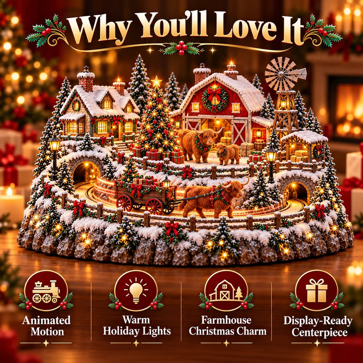 ✨🐮 Lighted Highland Cow Farm Village — Holiday Decor with Warm Lighting