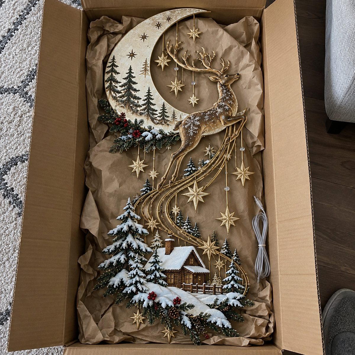 🌙🦌 Moonlit Reindeer Christmas Wall Light ✨ Cozy Winter Cabin & Cascading Stars