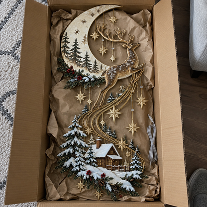 🌙🦌 Moonlit Reindeer Christmas Wall Light ✨ Cozy Winter Cabin & Cascading Stars
