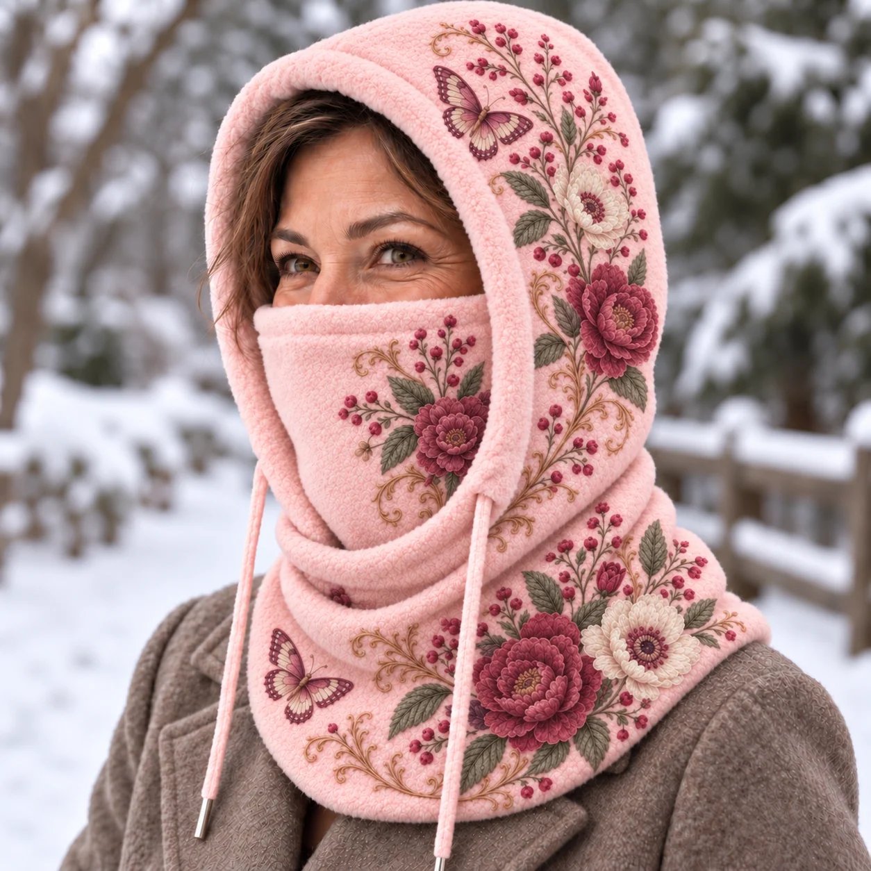 Woman wearing blush pink floral winter hood