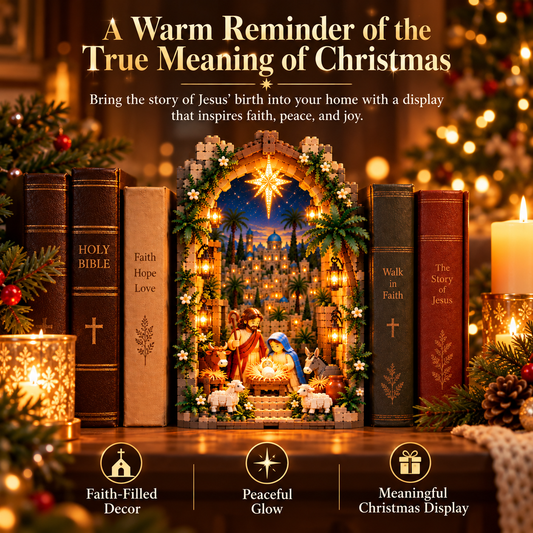 50% OFF | 📖✨ Lighted Bethlehem Nativity Book Nook – Christmas Building Block Display of Faith 🎄