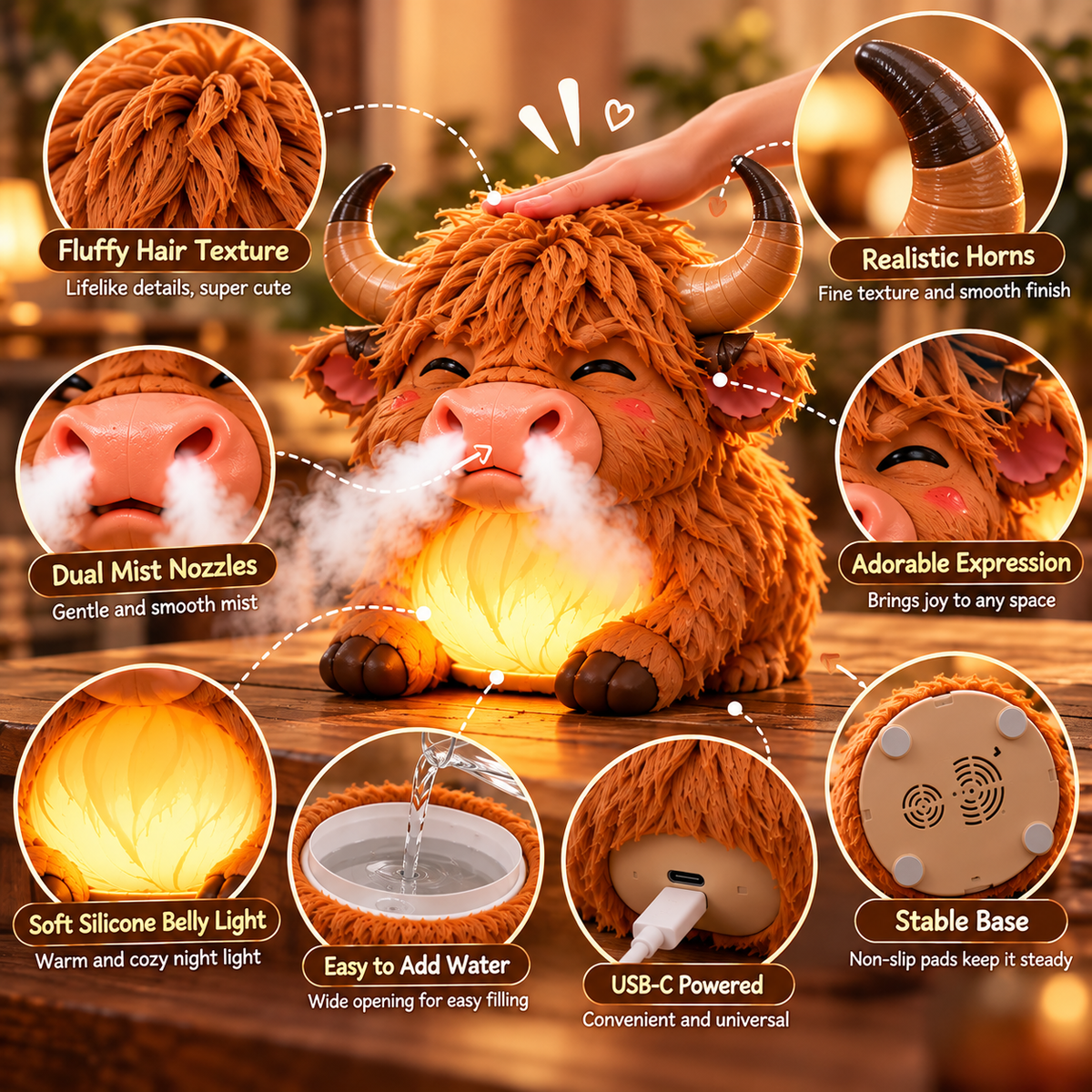 🐮 Little Highland Mist | Color-Changing Night Light Humidifier