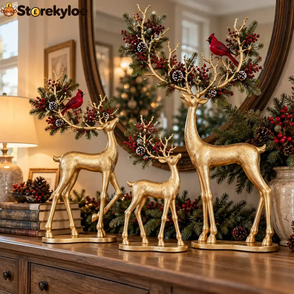 ✨ Cardinal Woodland Reindeer™ – Lighted Golden Christmas Deer Decorations