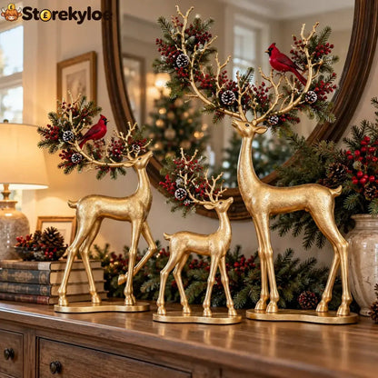 ✨ Cardinal Woodland Reindeer™ – Lighted Golden Christmas Deer Decorations