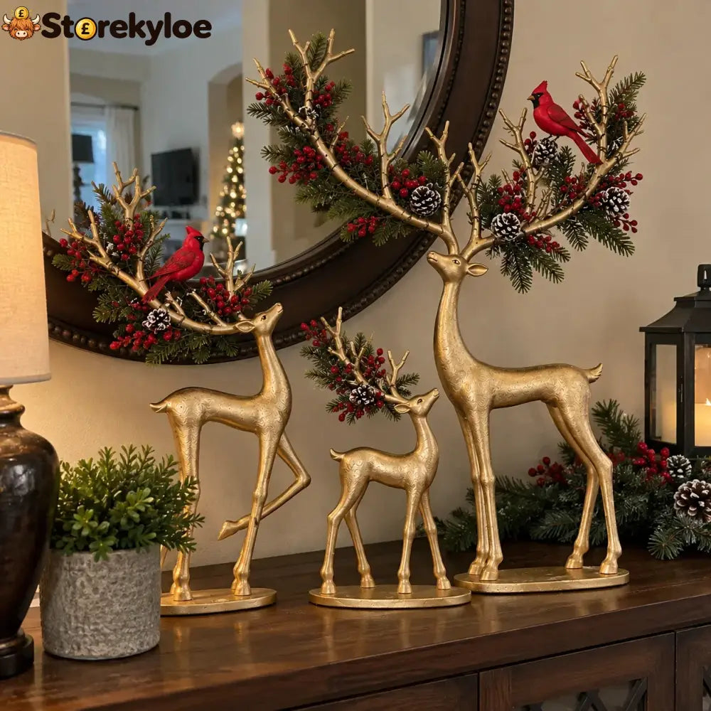 ✨ Cardinal Woodland Reindeer™ – Lighted Golden Christmas Deer Decorations