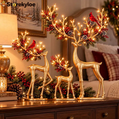 ✨ Cardinal Woodland Reindeer™ – Lighted Golden Christmas Deer Decorations