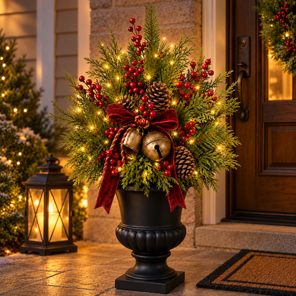 🎄🔔 Evergreen Bell Glow™ | 24" Pre-Lit Christmas Urn Filler with Berries & Pinecones