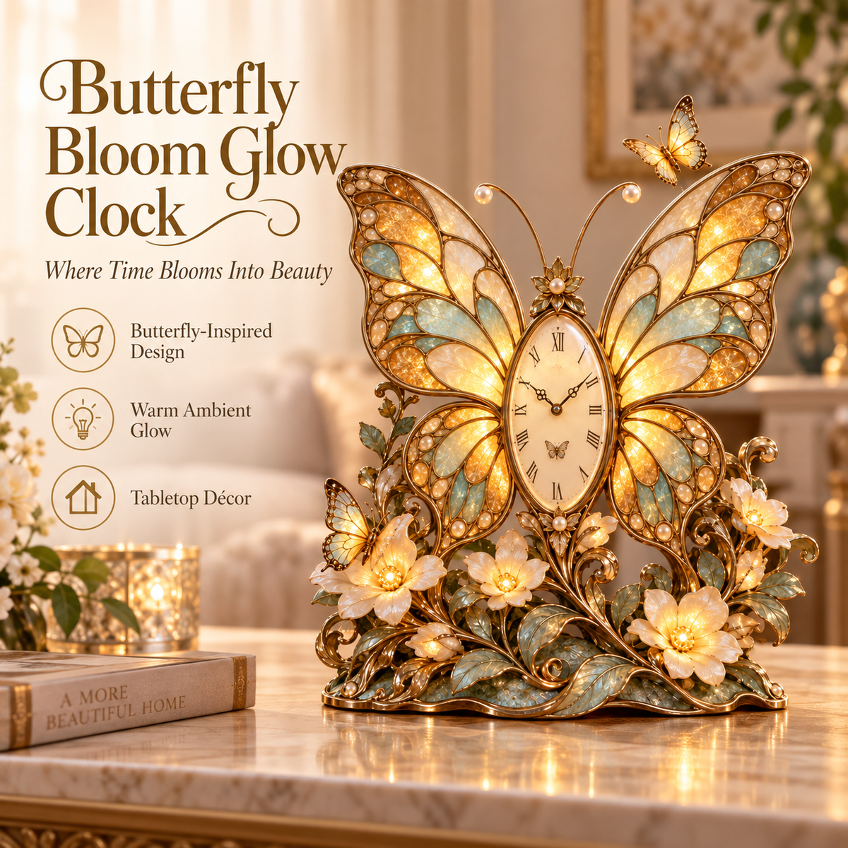 🔥Last Day 50%OFF🦋 Butterfly Afterglow™ | Lighted Butterfly Floral Table Clock