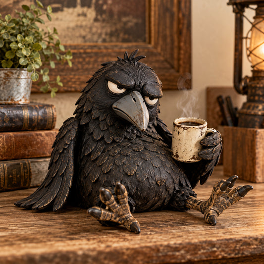 🐦‍⬛Grumpy Crow Statue with Coffee Mug