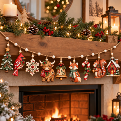 Enchanted Woodland Christmas Garland – Rustic Wooden Highland Cow & Forest Animal Hanging Decorations