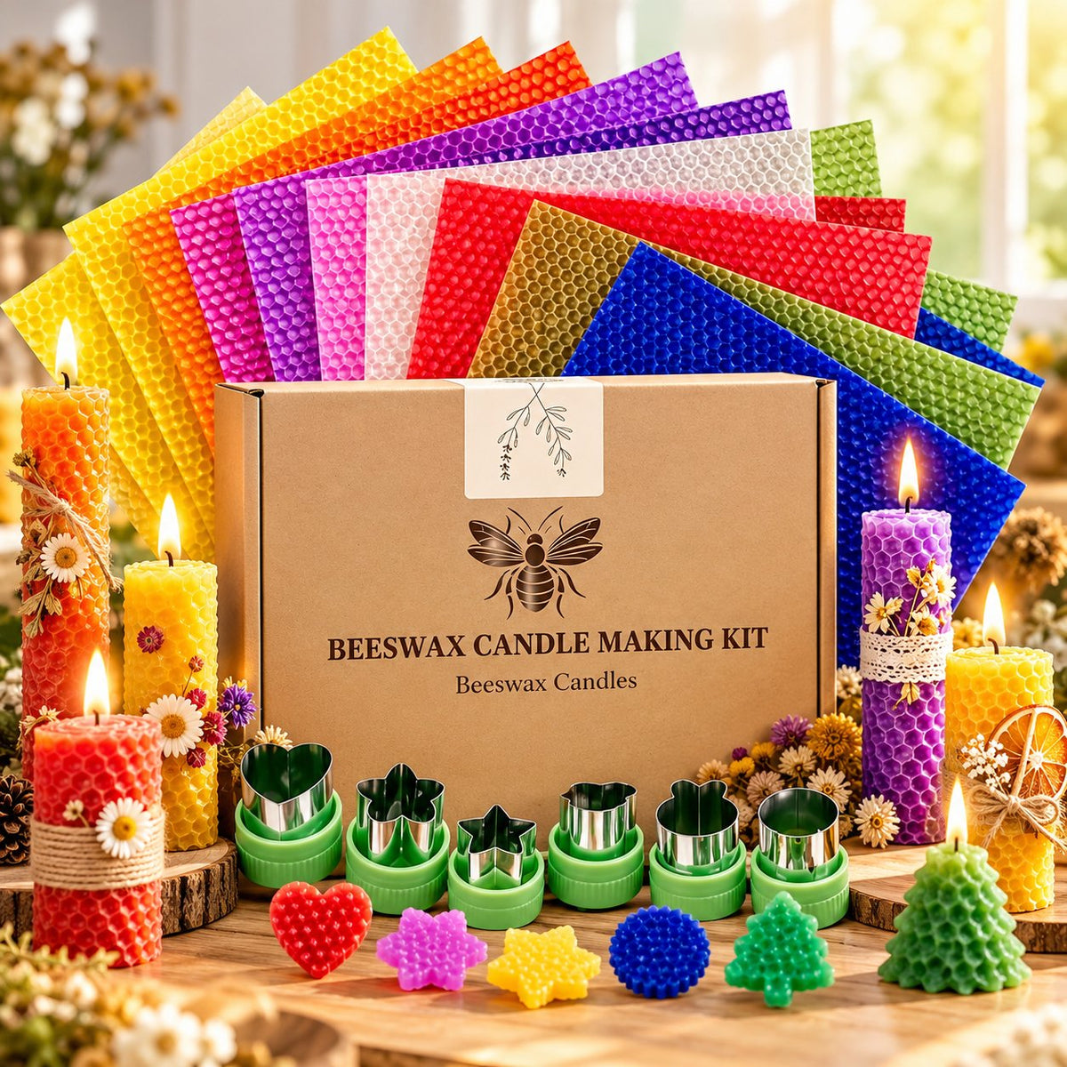 🕯️🐝 HoneyGlow DIY Beeswax Candle Kit – Roll, Create & Light Up Cozy Moments (12-Piece Set)